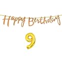 9th Happy Birthday Decoration Kit Rose Gold for 9 Year Old Boys Girls Kids with Number Nine Decorations Decor Celebration Items Item Set Combo Reusable Cursive Banner