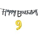 9th Happy Birthday Decoration Kit Black for 9 Year Old Boys Girls Kids with Number Nine Decorations Decor Celebration Items Item Set Combo Reusable Cursive Banner