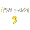 9th Happy Birthday Decoration Kit Multicolour for 9 Year Old Boys Girls Kids Multicolor with Number Nine Decorations Decor Celebration Items Item Set Combo Reusable Cursive Banner