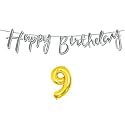 9th Happy Birthday Decoration Kit Silver for 9 Year Old Boys Girls Kids with Number Nine Decorations Decor Celebration Items Item Set Combo Reusable Cursive Banner