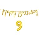 9th Happy Birthday Decoration Kit Golden for 9 Year Old Boys Girls Kids with Number Nine Decorations Decor Celebration Items Item Set Combo Reusable Cursive Banner