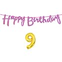 9th Happy Birthday Decoration Kit Dark Pink for 9 Year Old Boys Girls Kids with Number Nine Decorations Decor Celebration Items Item Set Combo Reusable Cursive Banner
