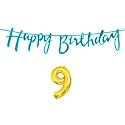 9th Happy Birthday Decoration Kit Blue for 9 Year Old Boys Girls Kids with Number Nine Decorations Decor Celebration Items Item Set Combo Reusable Cursive Banner