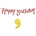 9th Happy Birthday Decoration Kit Red for 9 Year Old Boys Girls Kids with Number Nine Decorations Decor Celebration Items Item Set Combo Reusable Cursive Banner