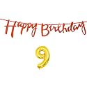 9th Happy Birthday Decoration Kit Orange for 9 Year Old Boys Girls Kids with Number Nine Decorations Decor Celebration Items Item Set Combo Reusable Cursive Banner