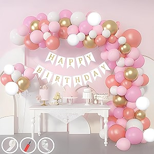 birthday decoration items for pink and white theme combination for girls 50 pcs pink white gold rose gold balloon white birthday banner balloon pump arch tape glue dots