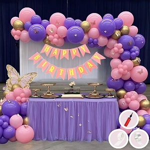 birthday decoration items for pink and purple theme combination for girls princes  50 pcs pink purple gold balloon  pink birthday banner  balloon pump  arch tape  glue dots
