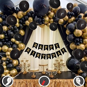 birthday decoration items for black and gold theme combination for boys girls  50 pcs black gold balloon  black birthday banner  balloon pump  arch tape  glue dots