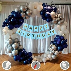 birthday decoration items for blue and white theme combination for boys girls  50 pcs blue white silver balloon  blue birthday banner  balloon pump  arch tape  glue dots