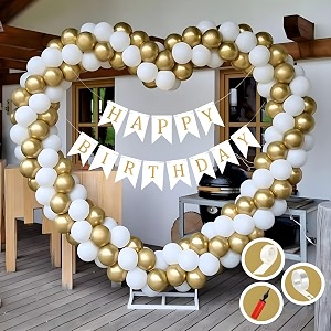 birthday decoration items for golden and white theme combination for boys girls  50 pcs gold white balloon  white birthday banner  balloon pump  arch tape  glue dots