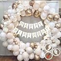 Birthday Decoration Items for White and Gold Theme Combination for Boys Girls | 50 Pc Golden White Orange Balloon | White Birthday Banner | Balloon Pump | Arch Tape | Glue Dots