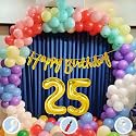 Natural Latex Balloon, Paper Banner 25th Multicolour Birthday Decoration for Boy Girl Kid Men Women|60Pcs Mix Balloon|Gold Cursive Glitter Birthday Banner|BalloonPump|ArchTape|GlueDot