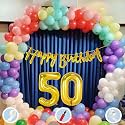 Natural Latex Balloon, Paper Banner 50th Multicolour Birthday Decoration for Boy Girl Kid Men Women|60Pcs Mix Balloon|Gold Cursive Glitter Birthday Banner|BalloonPump|ArchTape|GlueDot