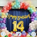Natural Latex Balloon, Paper Banner 14th Multicolour Birthday Decoration for Boy Girl Kid Men Women|60Pcs Mix Balloon|Gold Cursive Glitter Birthday Banner|BalloonPump|ArchTape|GlueDot