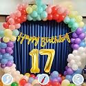 Natural Latex Balloon, Paper Banner 17th Multicolour Birthday Decoration for Boy Girl Kid Men Women|60Pcs Mix Balloon|Gold Cursive Glitter Birthday Banner|BalloonPump|ArchTape|GlueDot