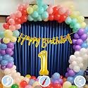 Natural Latex Balloon, Paper Banner 1st Multicolour Birthday Decoration for Boy Girl Kid Men Women|60Pcs Mix Balloons|Gold Cursive Glitter Birthday Banner|BalloonPump|ArchTape|GlueDot