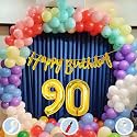 Natural Latex Balloon, Paper Banner 90th Multicolour Birthday Decoration for Boy Girl Kid Men Women|60Pcs Mix Balloon|Gold Cursive Glitter Birthday Banner|BalloonPump|ArchTape|GlueDot