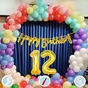 Natural Latex Balloon, Paper Banner 12th Multicolour Birthday Decoration for Boy Girl Kid Men Women|60Pcs Mix Balloon|Gold Cursive Glitter Birthday Banner|BalloonPump|ArchTape|GlueDot