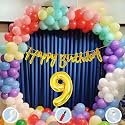 Natural Latex Balloon, Paper Banner 9th Multicolour Birthday Decoration for Boy Girl Kid Men Women|60Pcs Mix Balloons|Gold Cursive Glitter Birthday Banner|BalloonPump|ArchTape|GlueDot