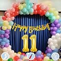 Natural Latex Balloon, Paper Banner 11th Multicolour Birthday Decoration for Boy Girl Kid Men Women|60Pcs Mix Balloon|Gold Cursive Glitter Birthday Banner|BalloonPump|ArchTape|GlueDot