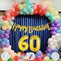 Natural Latex Balloon, Paper Banner 60th Multicolour Birthday Decoration for Boy Girl Kid Men Women|60Pcs Mix Balloon|Gold Cursive Glitter Birthday Banner|BalloonPump|ArchTape|GlueDot