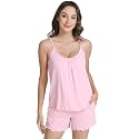 NACHILA Women's Bamboo Viscose Pajama Shorts Sets-Cooling V Neck Cami Sleepwear, Soft Summer Camisoles Pjs Set with Pocket