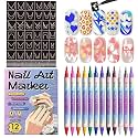 Nail Art Marker Pens with Stencils, 12 Colors Dual Brush Tip Water-Based Markers, 7 Sheets Nail Stickers Heart Butterfly Flowers Star Designs, Quick-Drying DIY Nail Design Tools for Women and Girls
