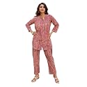 NAINVISH Women's Floral Straight Rayon Blend Mandarin Collar Co-ord Set (SD858_KB_Pink)