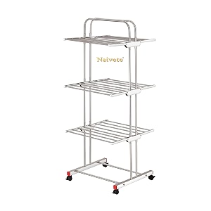 naivete stainless steel folding extra large 3 tier bedroom outdoor clothes drying rack airer laundry dryer rack floor standing clothes hangers with wheels cloth shoes hanger