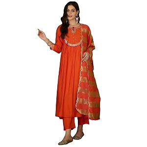 Naixa Womens Chanderi Embroidered Flared Kurta with