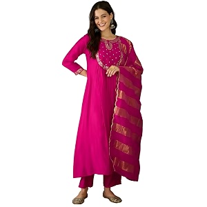 Naixa Womens Chanderi Embroidered Flared Kurta with