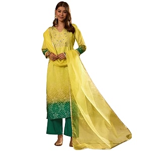 Naixa Womens Lemon Chinon Embroidered Printed Straight