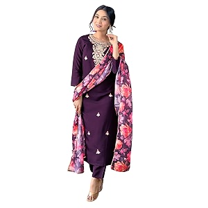 Naixa Womens Rayon Embroidered and Printed Straight