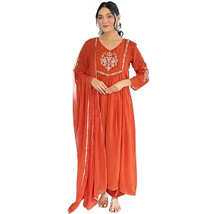 Naixa Womens Silk Chiffon Embroidered A-Line Kurta