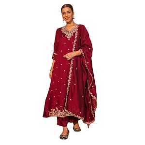Naixa Womens Vichitra Silk Embroidered A-Line Kurta