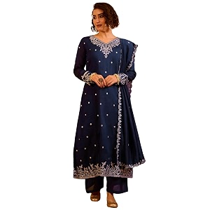 Naixa Womens Vichitra Silk Embroidered A-Line Kurta