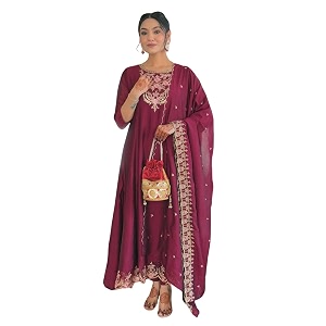 Naixa Womens Vichitra Silk Embroidered A-Line Kurta
