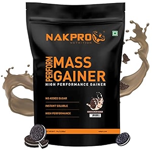 nakpro perform mass gainer  high protein amp high calorie  15g protein 33g bcaa  added vitamins amp minerals  easy mixing easy digesting mass gainer powder for men amp women  1 kg cookies amp cream flavour 10 servings