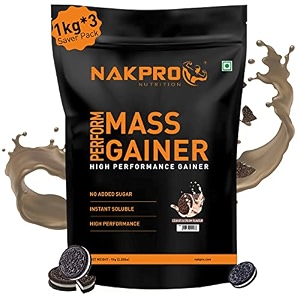 nakpro perform mass gainer  high protein amp high calorie  15g protein 33g bcaa  added vitamins amp minerals  easy mixing easy digesting mass gainer powder for men amp women  1 kg cookies amp cream flavour 10 servings