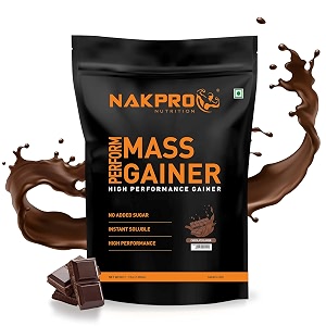 nakpro perform mass gainer  high protein amp high calorie  15g protein 33g bcaa added vitamins amp mineralseasy mixing easy digesting powder for men amp women  1 kg chocolate flavour 10 servings