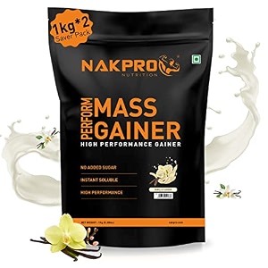 nakpro perform mass gainer  high protein amp high calorie  15g protein 33g bcaa  added vitamins amp minerals  easy mixing easy digesting mass gainer powder for men amp women  2 kgs 1 kg2 nos vanilla flavour 20 servings