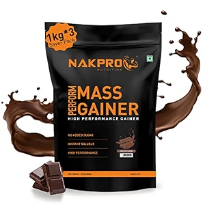 nakpro perform mass gainer  high protein amp high calorie  15g protein 33g bcaa added vitamins amp mineralseasy mixing easy digesting powder for men amp women  1 kg chocolate flavour 10 servings