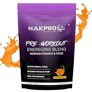 nakpro pre workout supplement with 100mg caffeine 1200mg creatine monohydrate and 1200mg citrulline  helps in lean muscle building improves workout performance - 50 servings tangy orange 250g