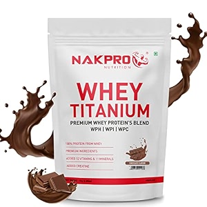 nakpro titanium tri blend whey protein hydrolyzed whey protein isolate amp whey protein concentrate  2404g protein 529g bcaa  added vitamins minerals amp creatine 1 kg chocolate