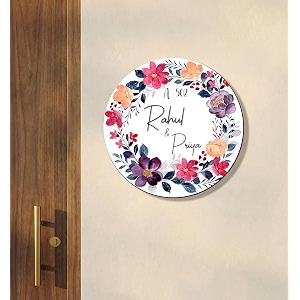 name plate home entrance outdoor  personalized round name board with house number  floral wooden door name sign  custom name plate for home office and outdoor entrance 30x30 cm