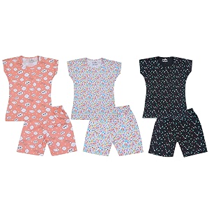 nammababy girl cotton night suit tshirt shorts capri pyjama set - multipacks
