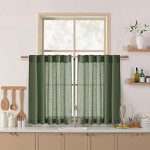 Olive Green Linen Short Curtains W34xL40 Inch