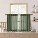 Olive Green Linen Short Curtains W34xL40 Inch
