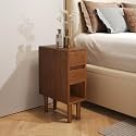 Narrow Nightstand 2 Drawers with Open Shelf Narrow Night Stand Solid Wood Bedside Table Mid Century Modern Nightstand Wooden End Table for Bedroom, Study, Office