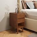 Narrow Nightstand 2 Drawers with Open Shelf Narrow Night Stand Solid Wood Bedside Table Mid Century Modern Nightstand Wooden End Table for Bedroom, Study, Office